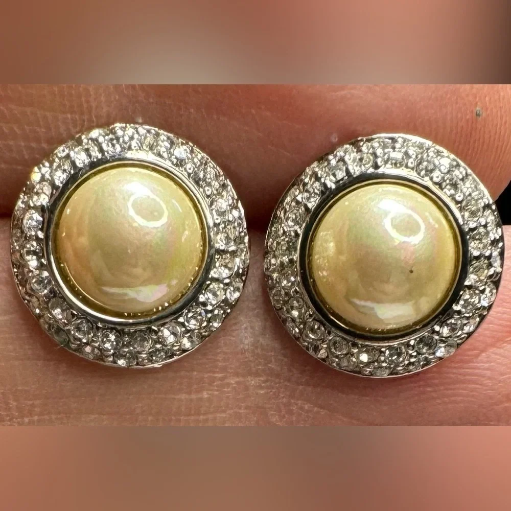Ralph Lauren Gold-Tone Pavé‎ & Imitation Pearl Button Earrings